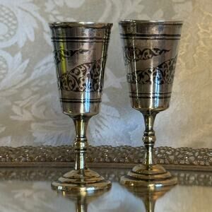 Vintage Silver Niello Style Cordial Goblets Set of 2 Middle Eastern Barware